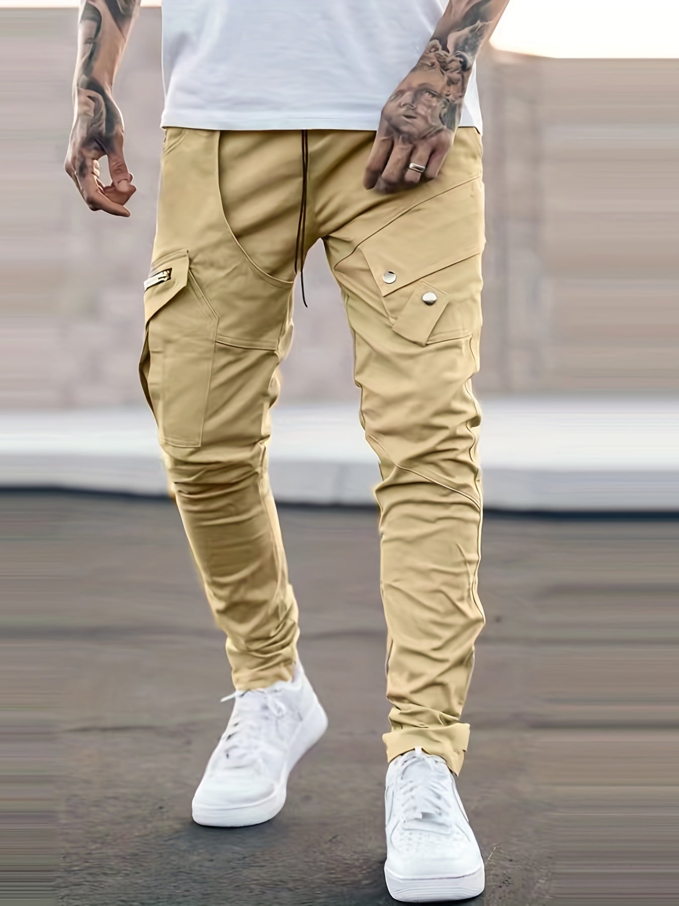 Maxct  Men's Drawstring Cargo Pants, Zip Pocket Slim Fit Trendy Outdoor Pants, Mens Work Pants, Tactical Pants