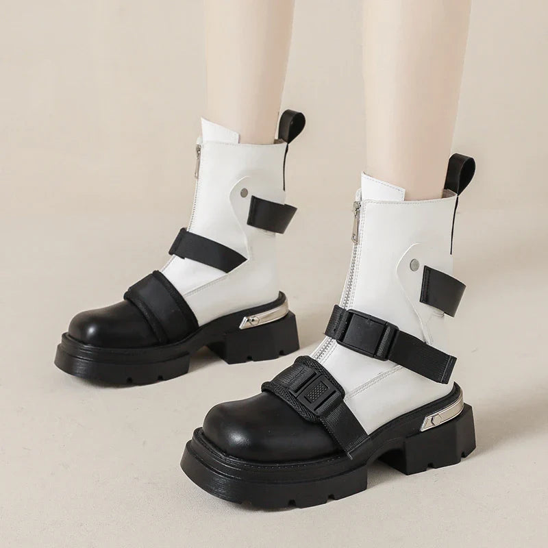 Chunky Platform Ankle Boots Trendy Belt Buckle Accent Maxct