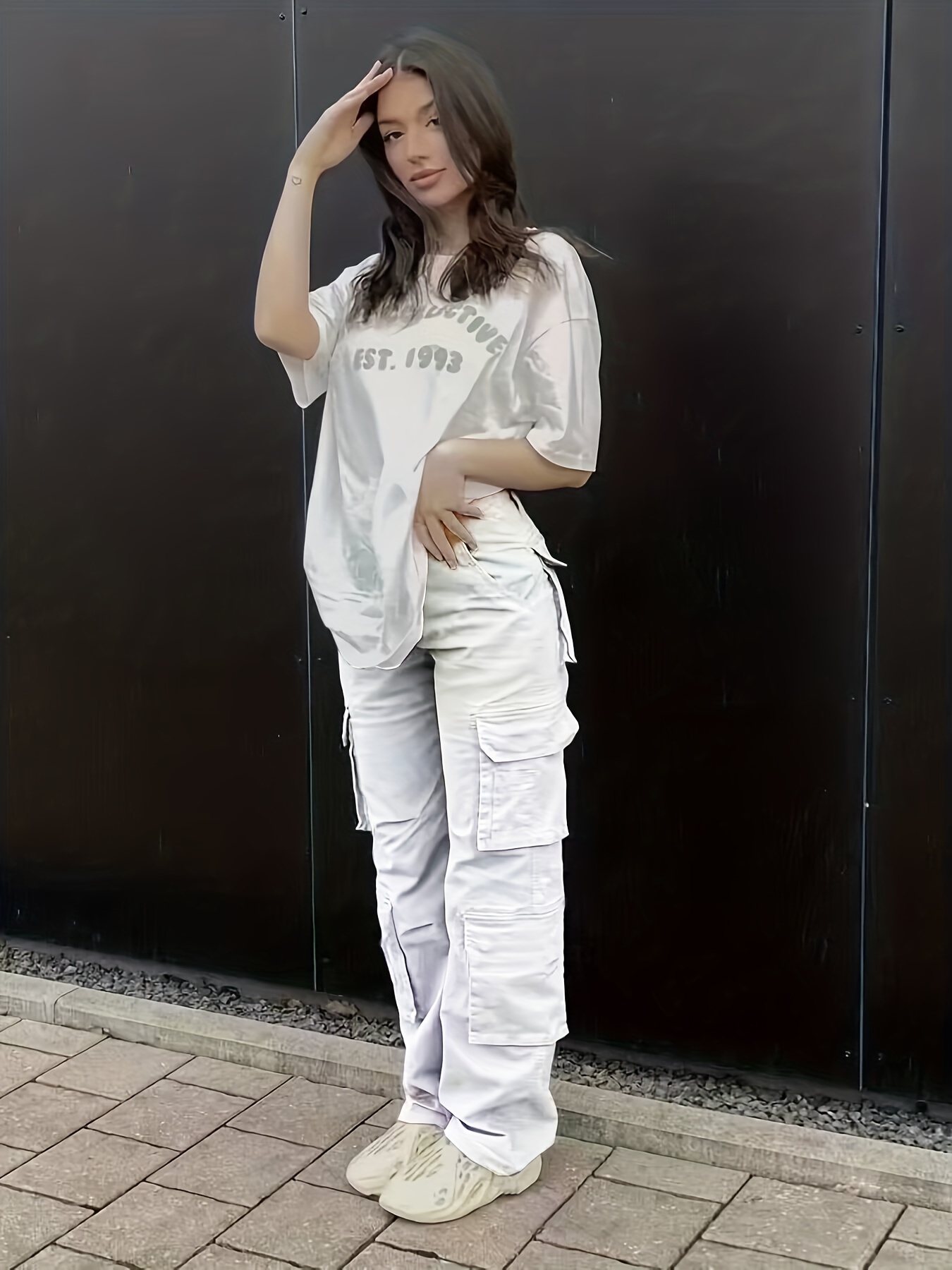 Plain High Rise Cargo Denim Pants, Loose Solid Color Retro Cargo Jeans, Street Casual Style, Women's Denim Jeans & Clothing