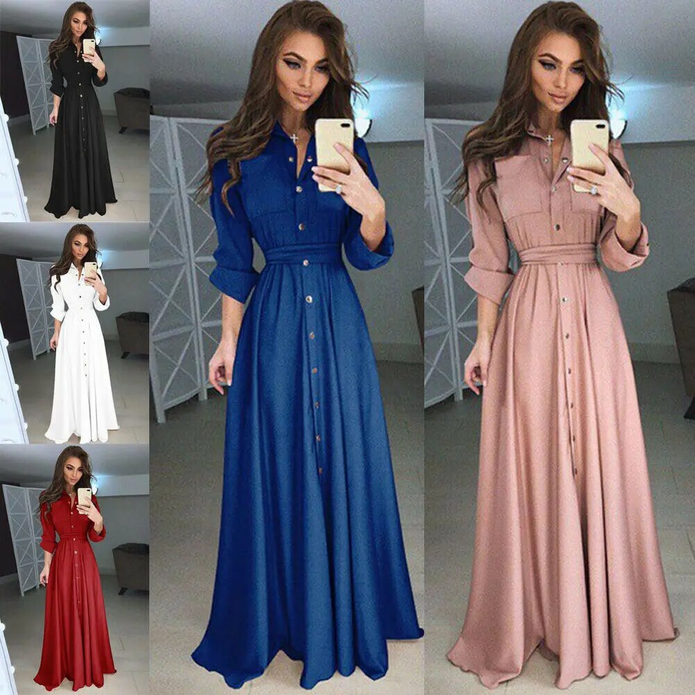 Maxct Shirt Button Down Dress Womens Long Sleeve Formal Long Maxi Evening Party Tunic S-3XL