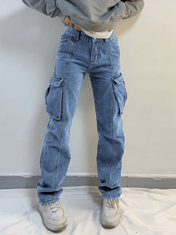 Washed Mid Waist Pocket Cargo Jeans Maxct
