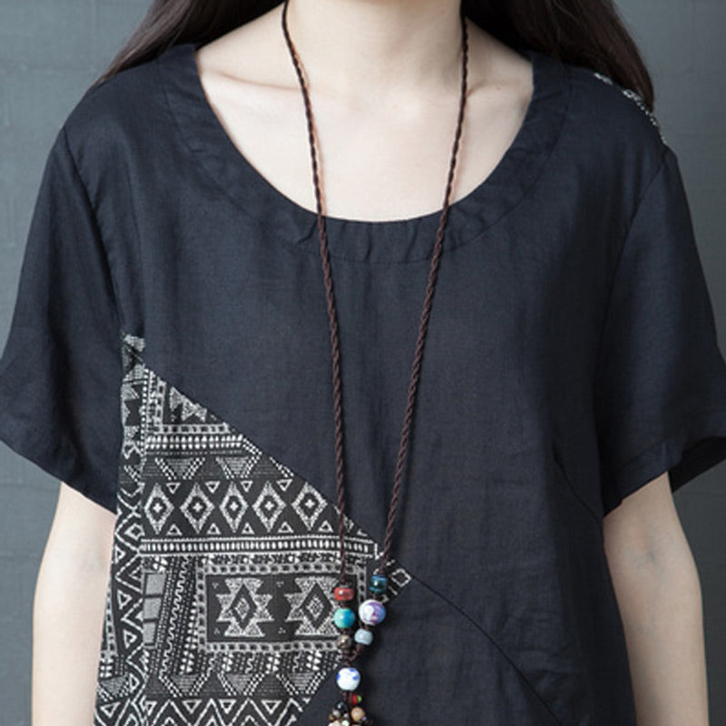 Spring Cotton Linen Loose Color Block A-Line Dress