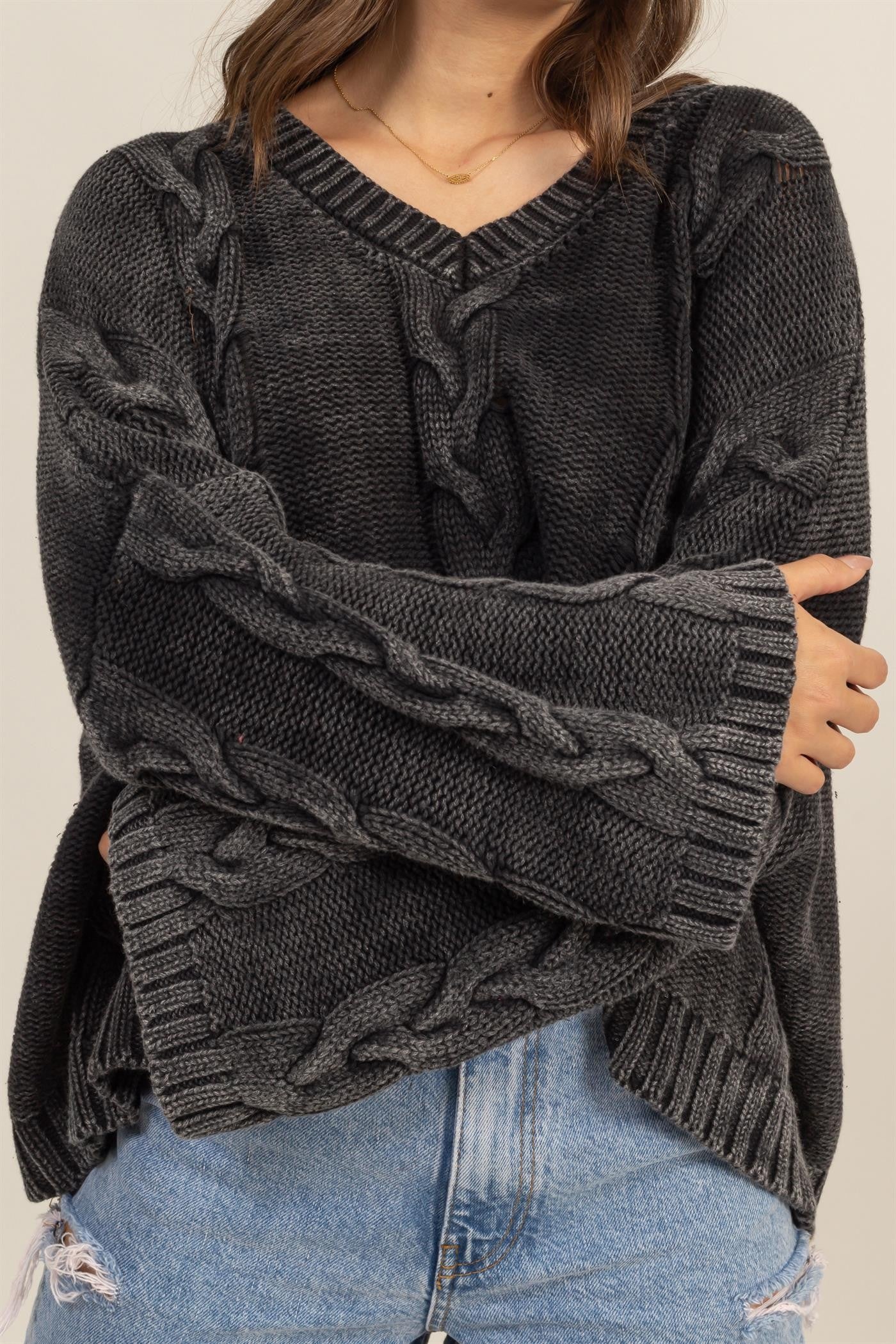 Maxct &HYFVE Cable Knit V-Neck Dropped Shoulder Oversized Sweater