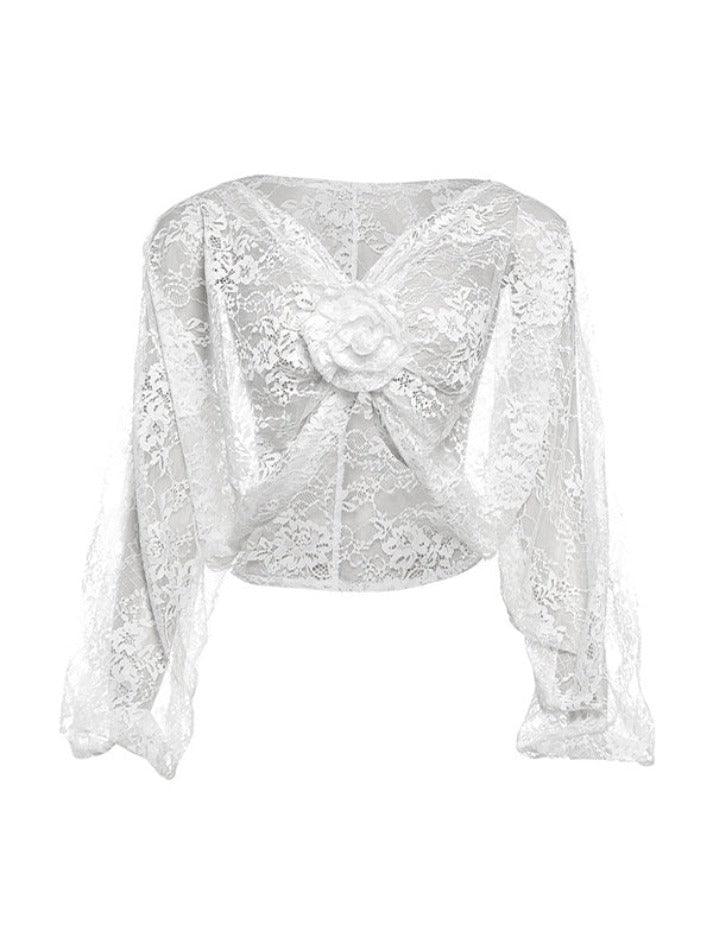 Maxct V Neck Lace Slit Long Sleeve Blouse