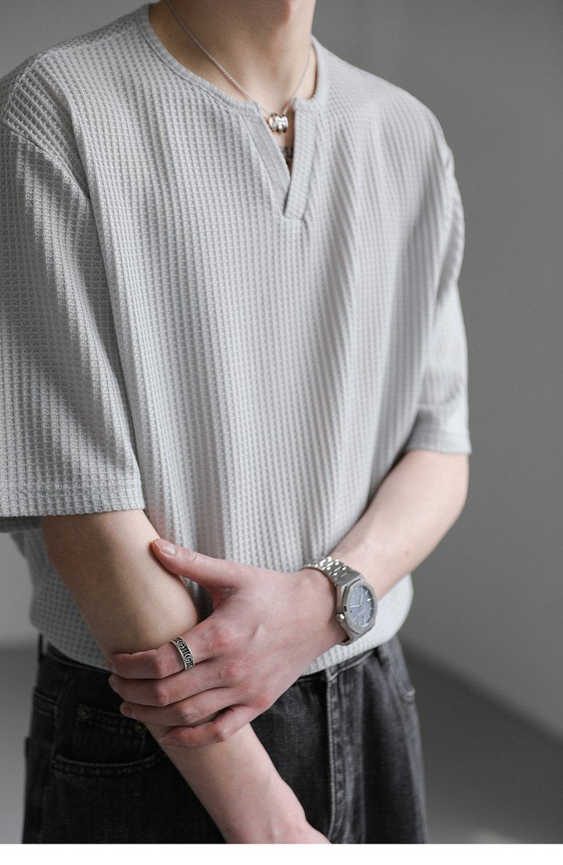 Maxct 90s Streetwear Summer New Korean Style Loose Small V-neck Short-sleeved T-shirt Men's Fashion Brand Wafflet High-end Sense Half-sleeved T-shirt Top