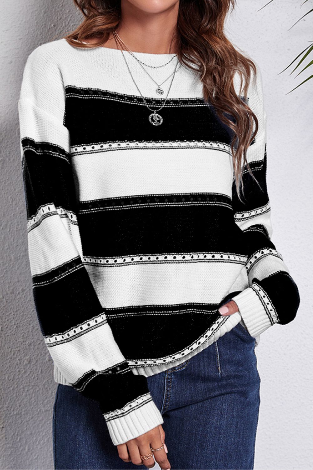 Maxct &Striped Boat Neck Dropped Shoulder Sweater