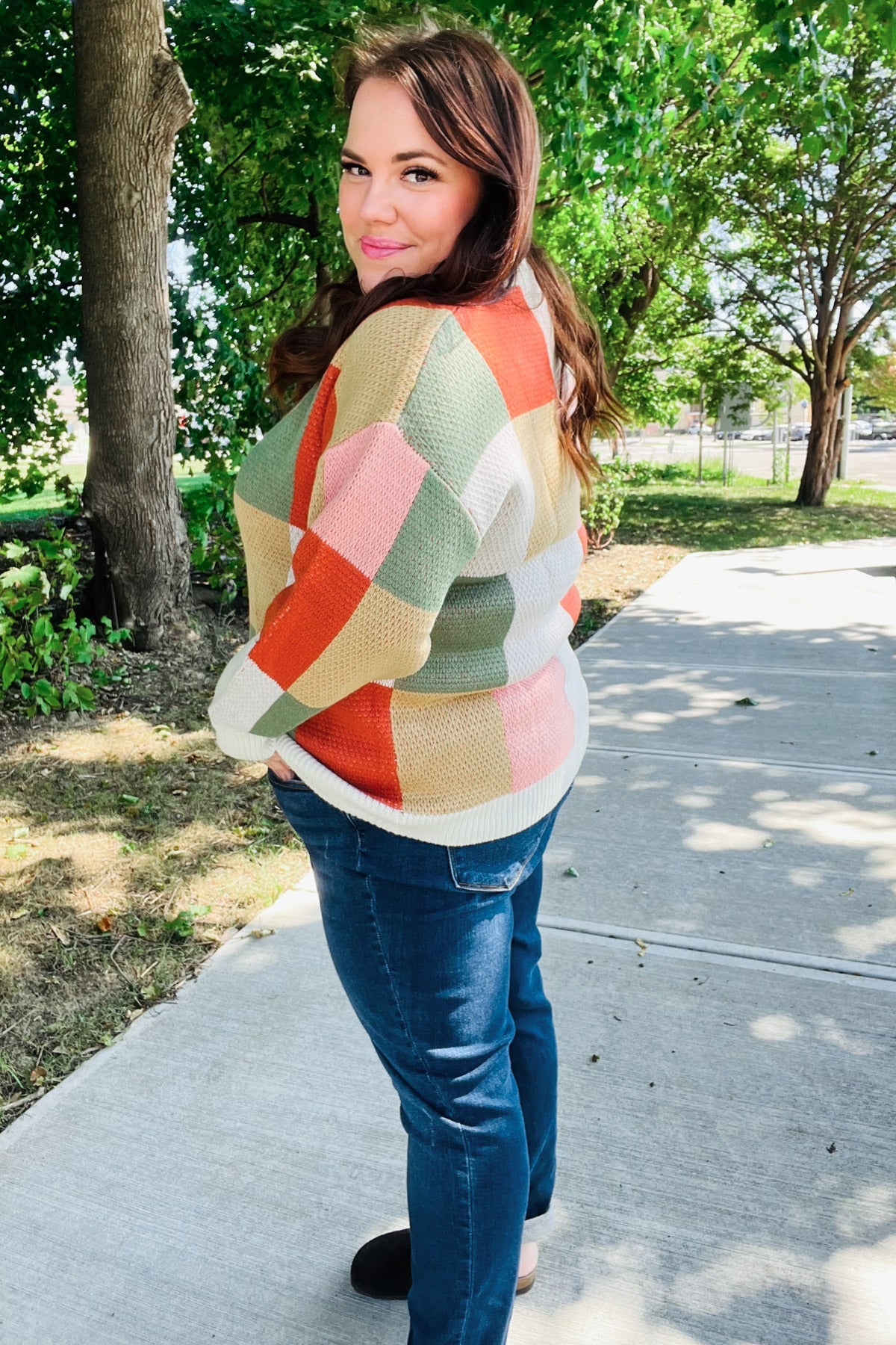 Maxct &Be Bold Ivory & Rust Checker Jacquard Knit Sweater