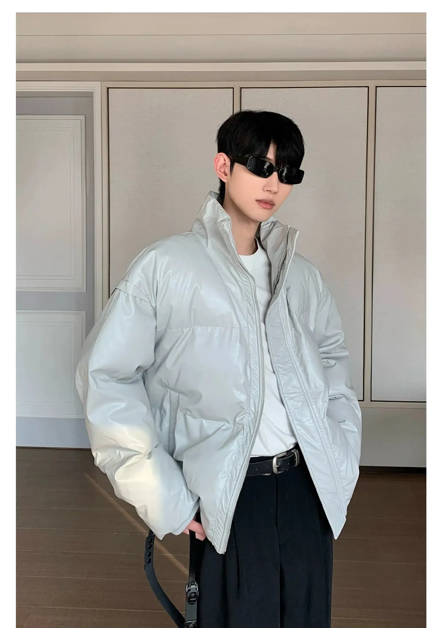Maxct Cotton-filled Stand-up PU Leather Jacket