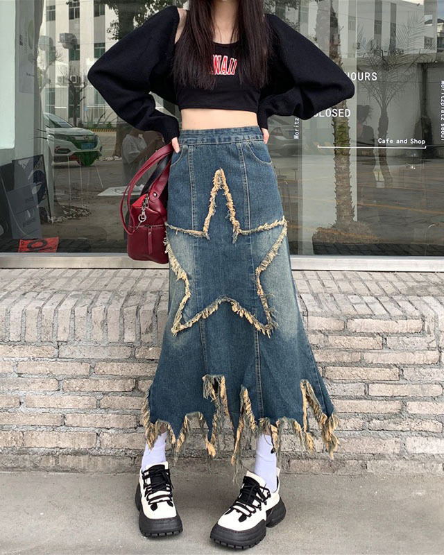 Aesthetic Star Long Denim Skirt Maxct