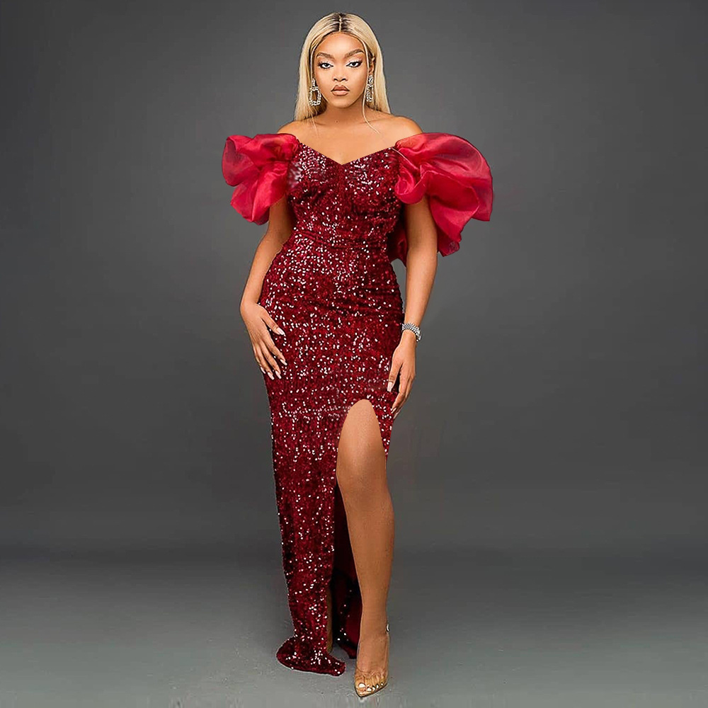 Maxct Ruffled V-neck Sequined Long Dress Ladies Banquet Evening Dress Dress Women's Party Dresses