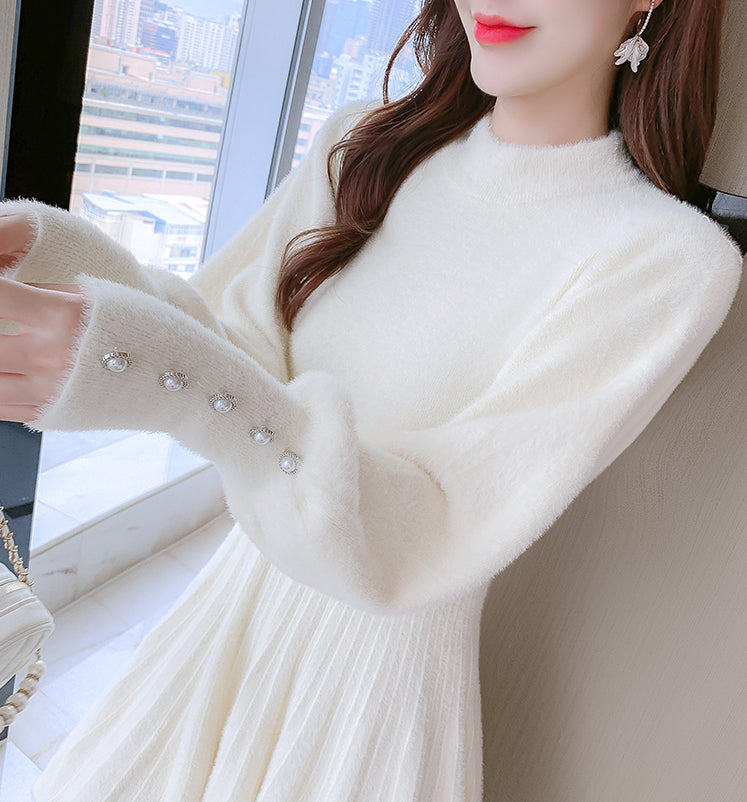 Fuzzy Puff Sleeve Sweater Dress Maxct