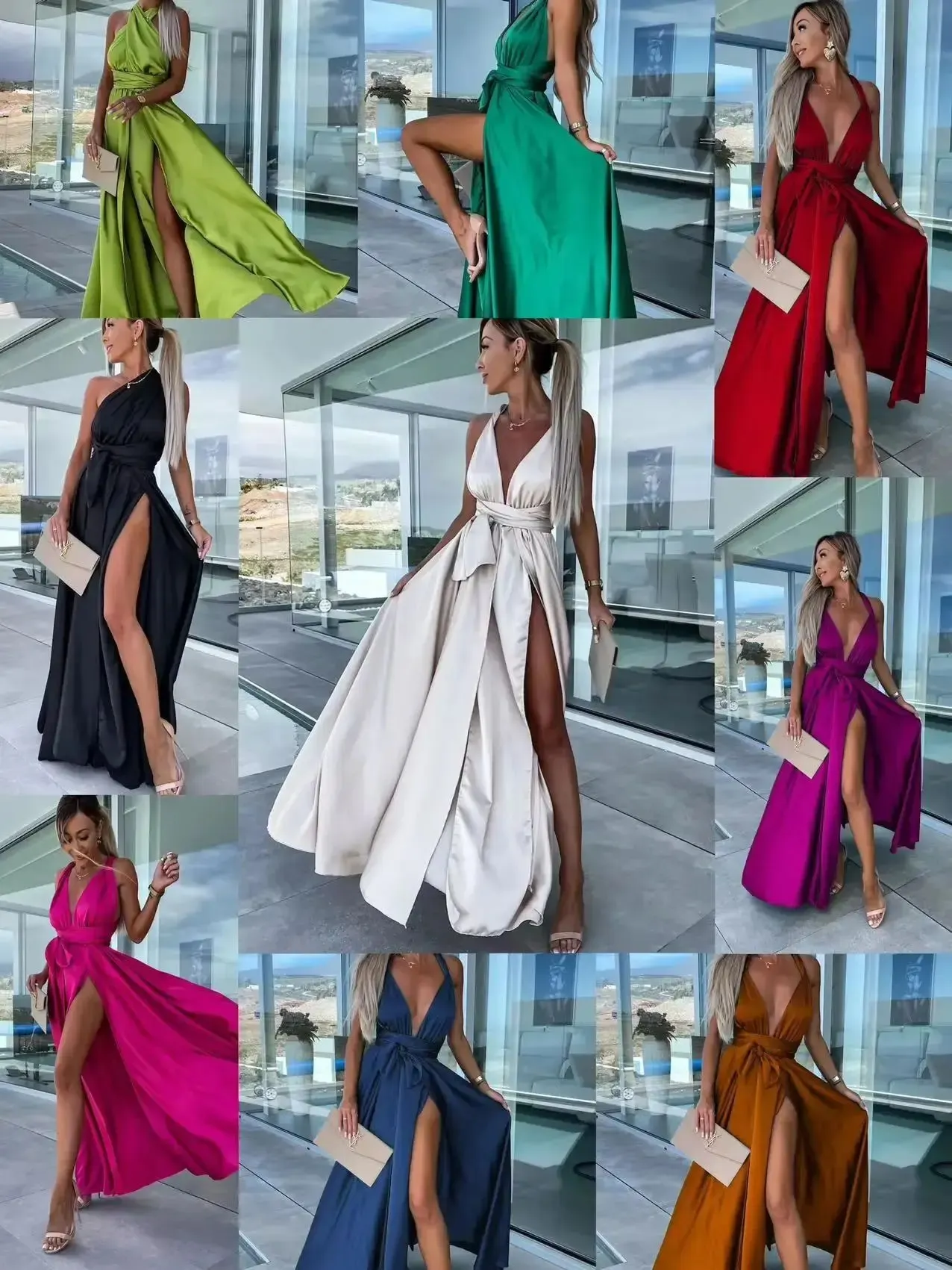 Maxct Summer Sexy Solid Casual Women Dress Sleeveless Deep V Tie Up High Split Long Dress Evening Party Elegant Lady Maxi Dress