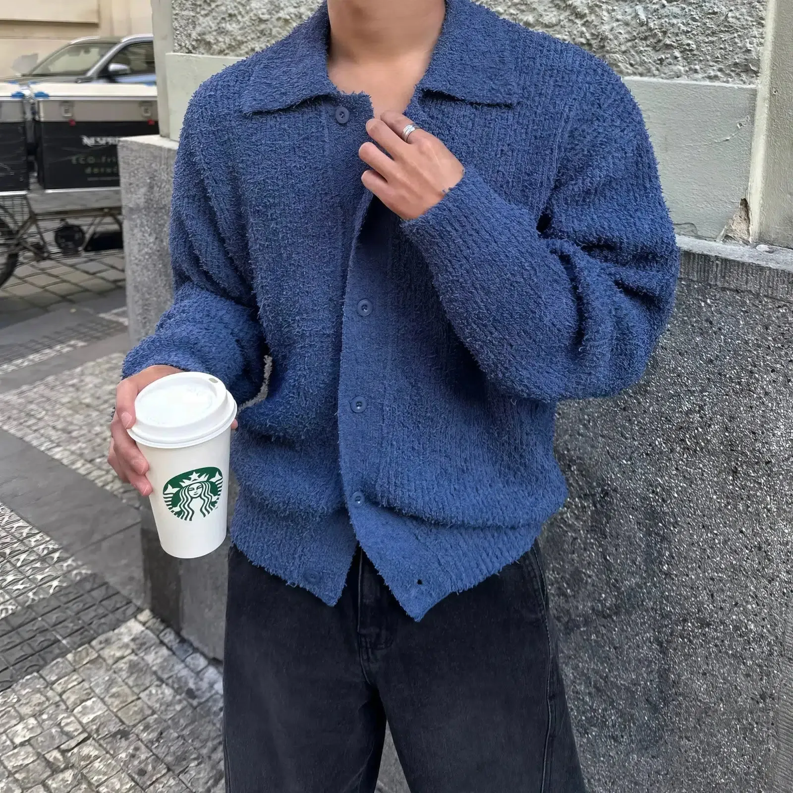 Maxct Dark Blue Lapel Sweater Cardigan