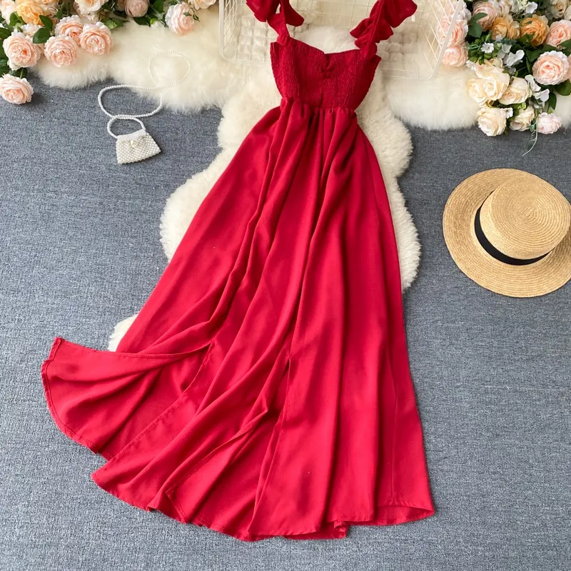 High Waist Slash Neck Women Long Dress Elegant Big Swing A-line Vestidos Verano Vintage Green/Red Party Robe For Female