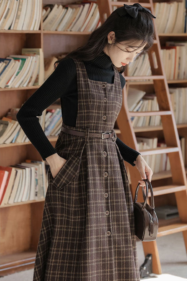 Button Up Plaid Pinafore Dress Maxct