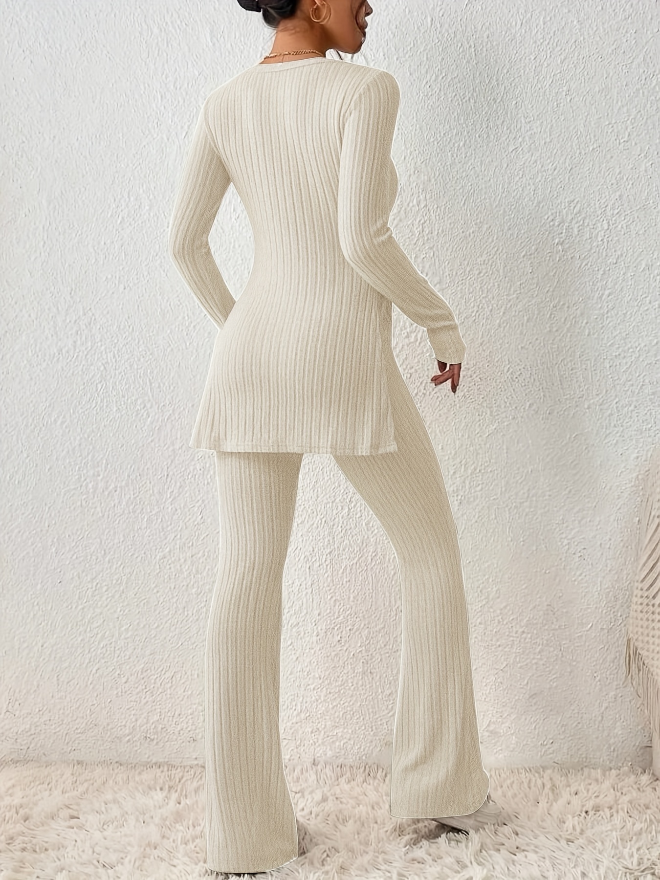 Solid Textured Two-piece Set, Long Sleeve Slit Long Length Top & Skinny Pants Outfits, Women's Clothing