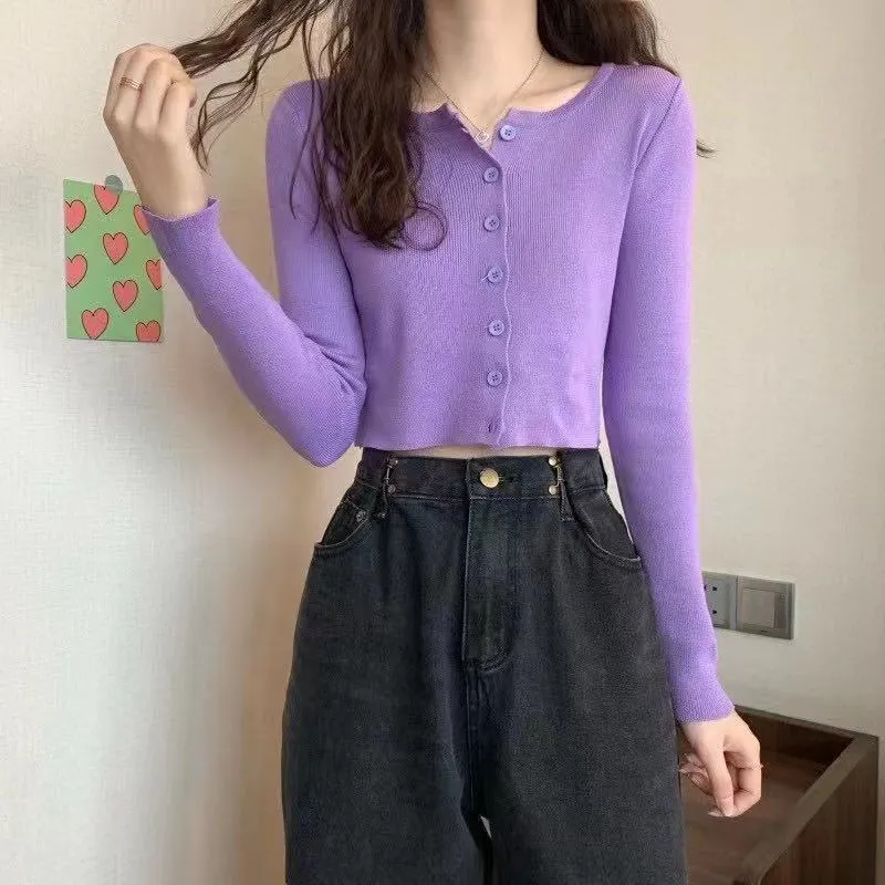 Maxct Women Cardigans Solid O-neck Knitted Stretchy Bm Style Trendy Cozy Retro Fairy Sweet Kawaii Ulzzang All-match Crop Tops Hot Slim