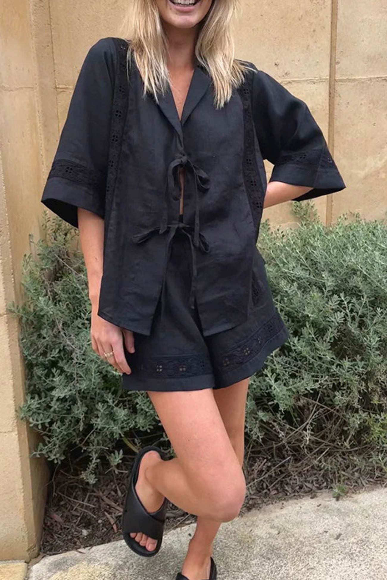 Maxct Tie-up Jacquard Hollow Out Shirt Shorts Suits