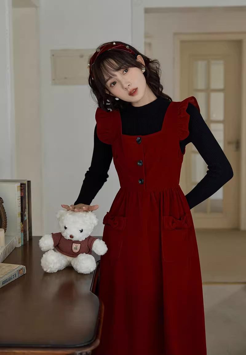 Velvet Frilly Bow Pinafore Dress Maxct