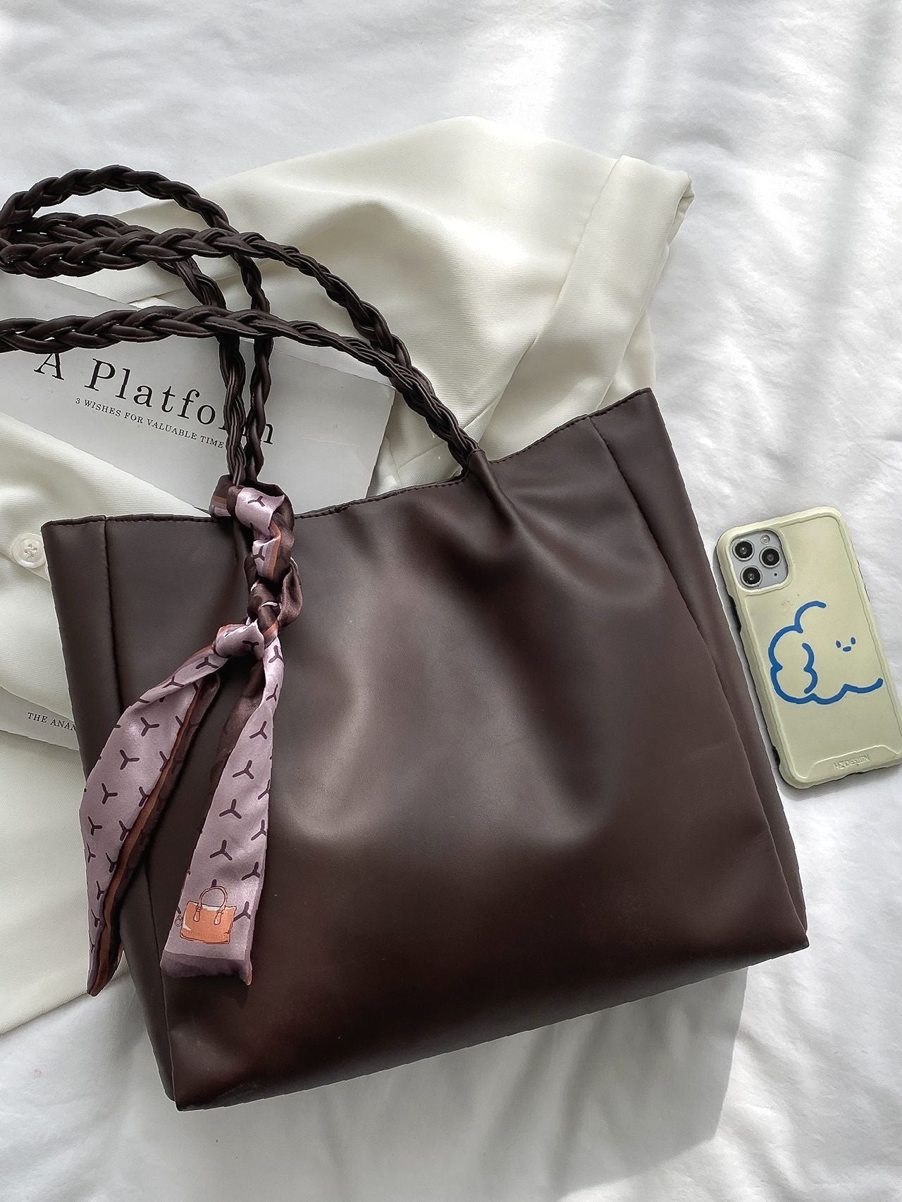 Maxct - Twilly Scarf Decor Shoulder Tote Bag  - Women Tote Bags