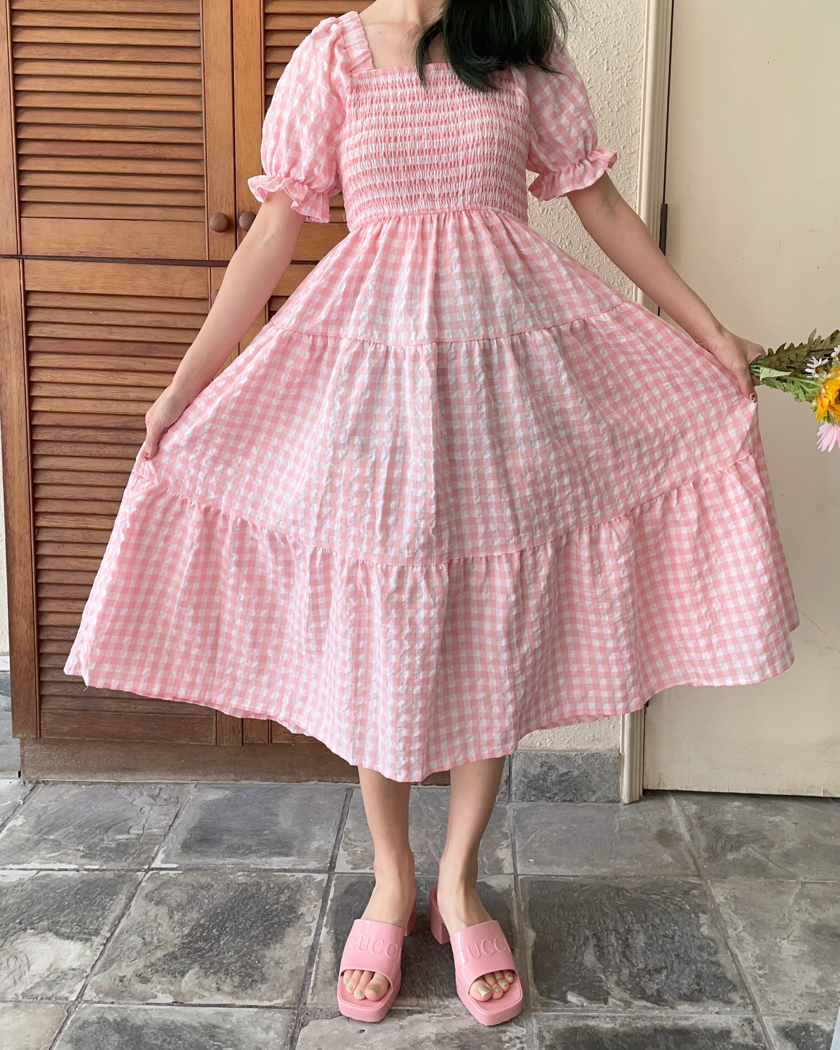 Puff Sleeve Gingham Tiered Dress Maxct