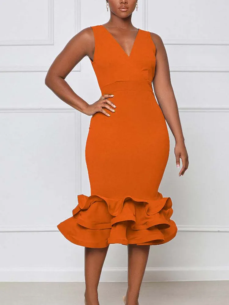 Ruffled Trim Bodycon Midi Dress Maxct
