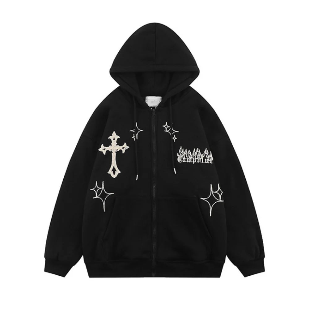 Maxct Retro Trend Y2k Zipper Hoodie Harajuku Hip Hop Oversized Hooded Sweatshirt Men Women Street Punk Rock Jacket Coat Top Streetwear