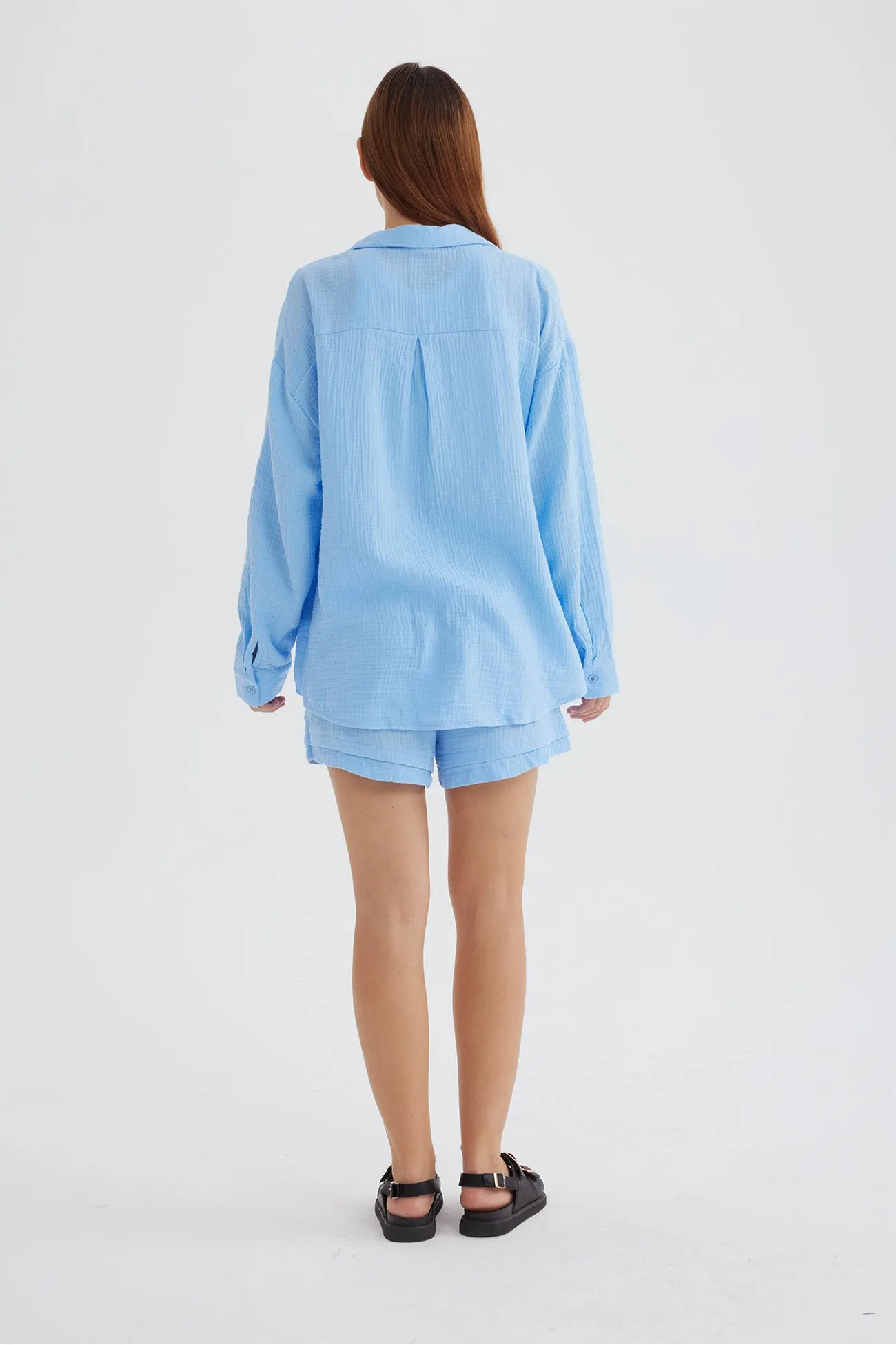 Maxct Long Sleeve Solid Color Shirt Shorts Set