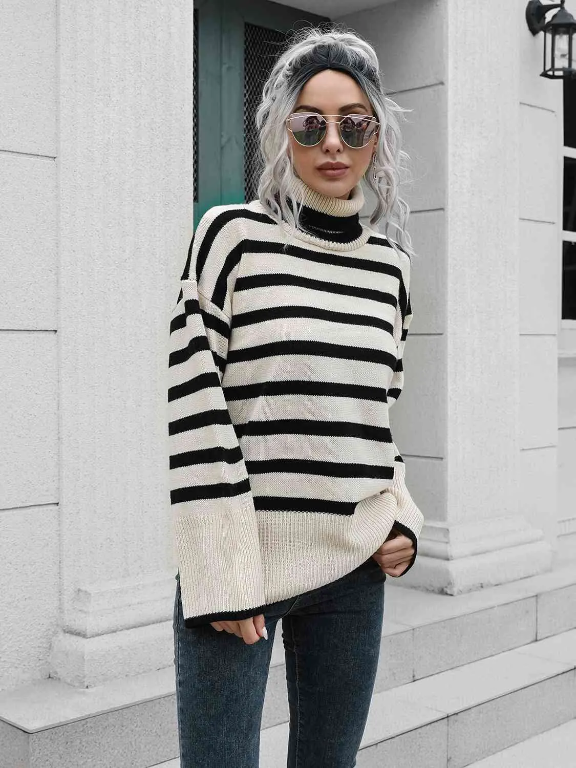 Maxct &Striped Slit Turtleneck Drop Shoulder Sweater