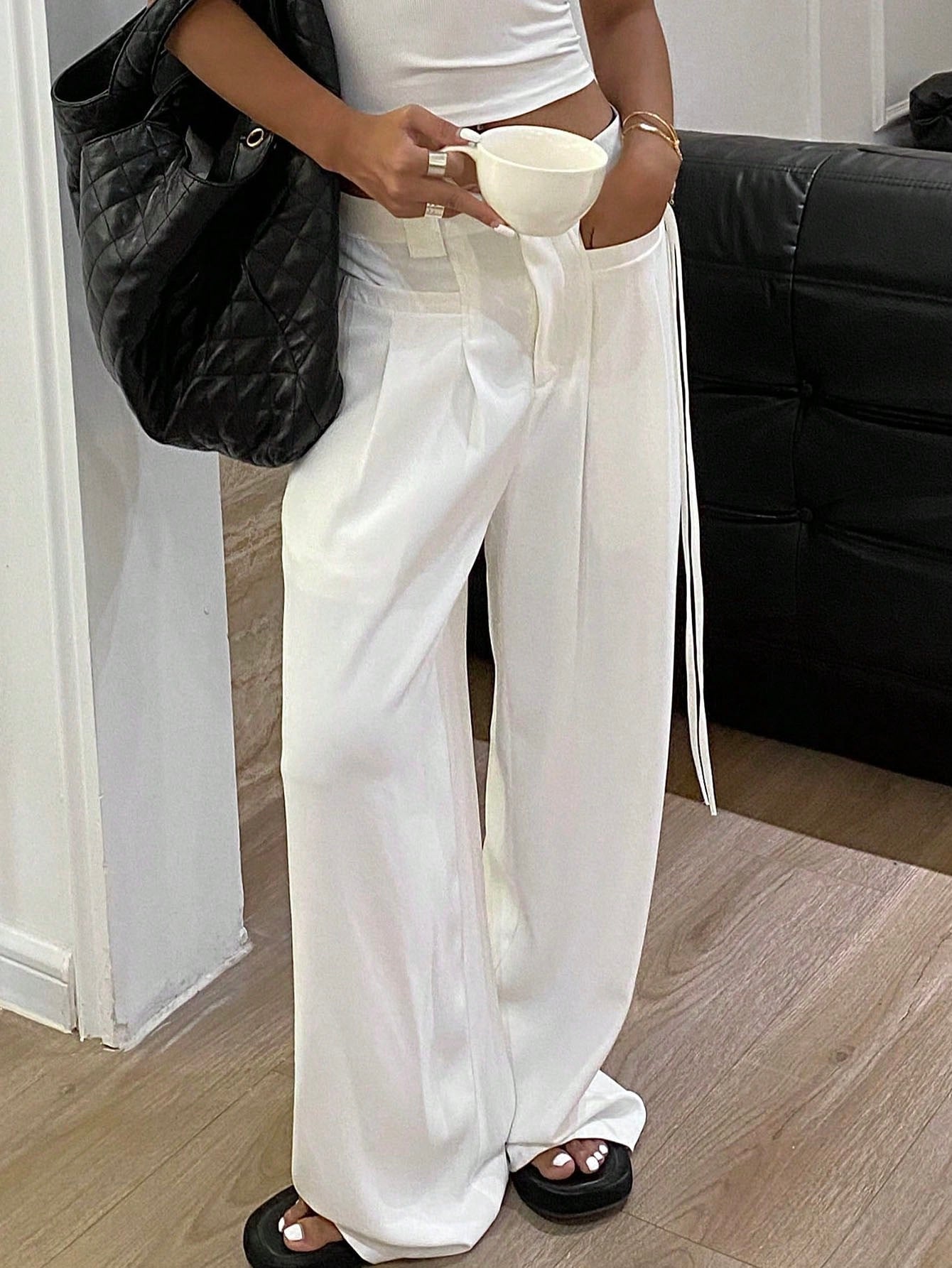 Maxct Solid Color Bow Tie Waist Wide Leg Trousers Women's Suit Pants