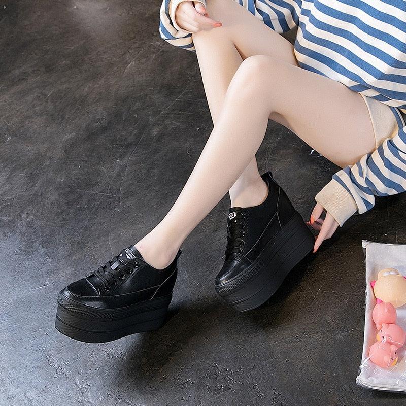 12cm Leather Vulcanized Shoes for Women Maxct