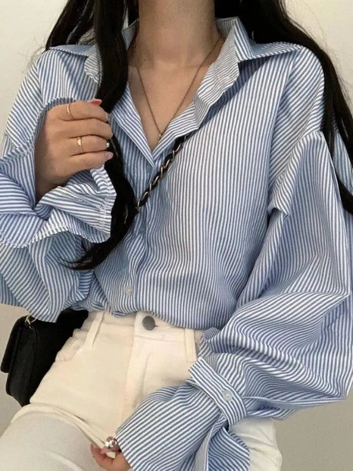 Maxct Stripe Lantern Sleeve Long Sleeve Blouse