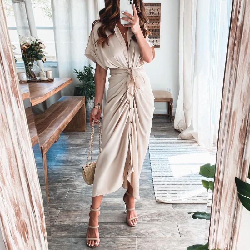 Maxct Short Sleeve Spring Dresses Fashion Summer Turn-down Collar Women Party Dress Elegant Button Office Lady Shirt Dress