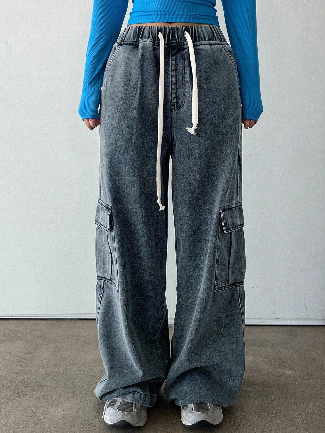 Maxct Women's Drawstring Waist Wide Leg Loose Casual Denim Pants With Pockets