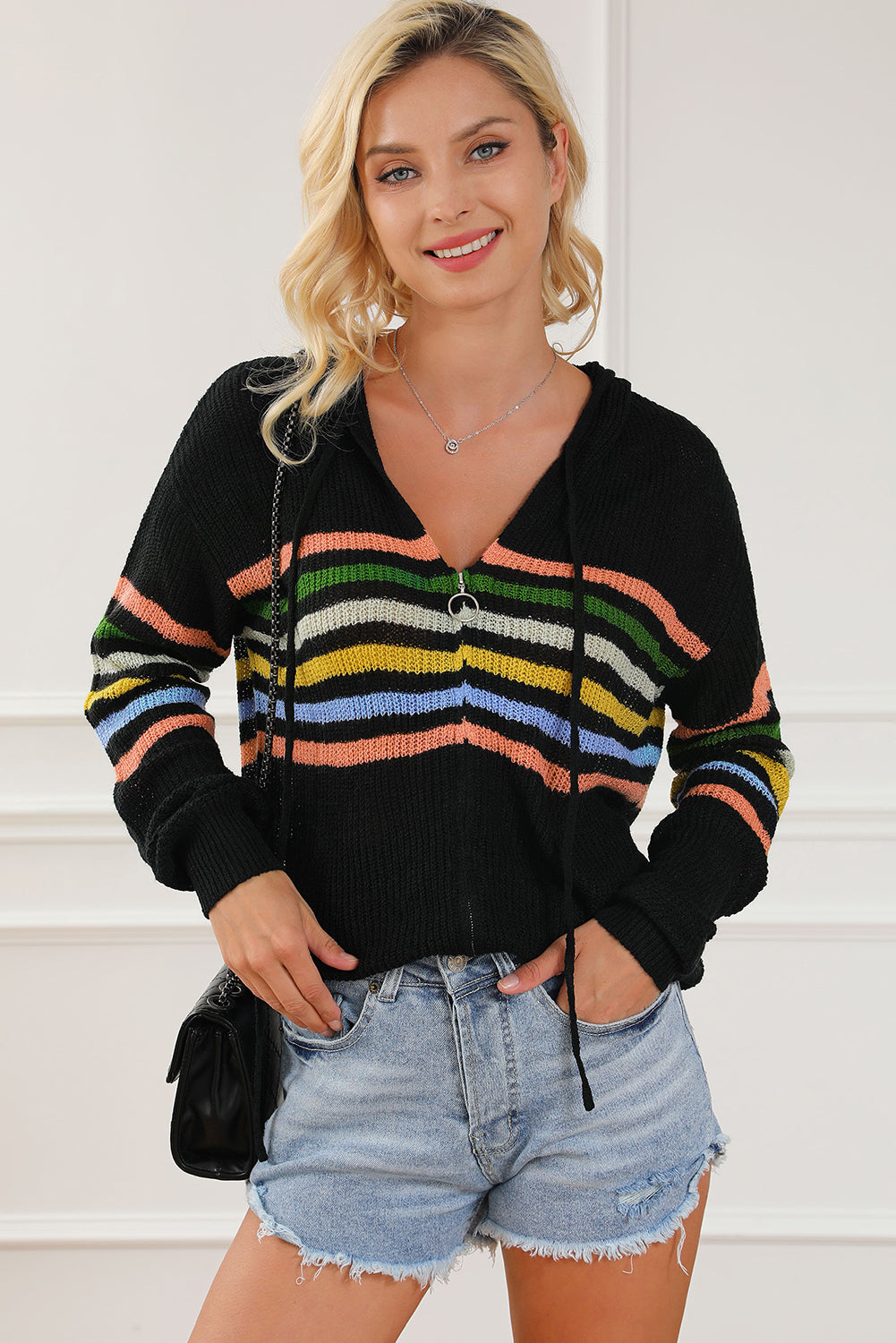 Maxct &Striped Zip Up Hooded Sweater Cardigan
