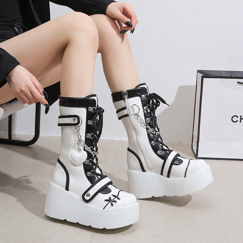 Platform Wedge Women's Boots Black and White Punk Gothic Style - true deals club