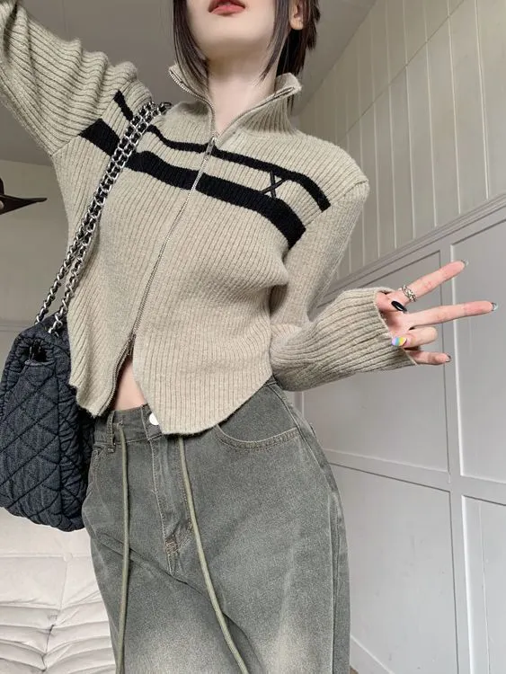 Maxct Vintage Striped Zip Up Cropped Cardigan