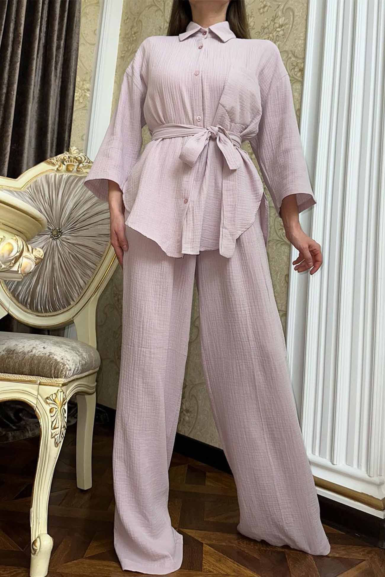 Maxct Button Belt Wide Leg Pants Two-piece Set