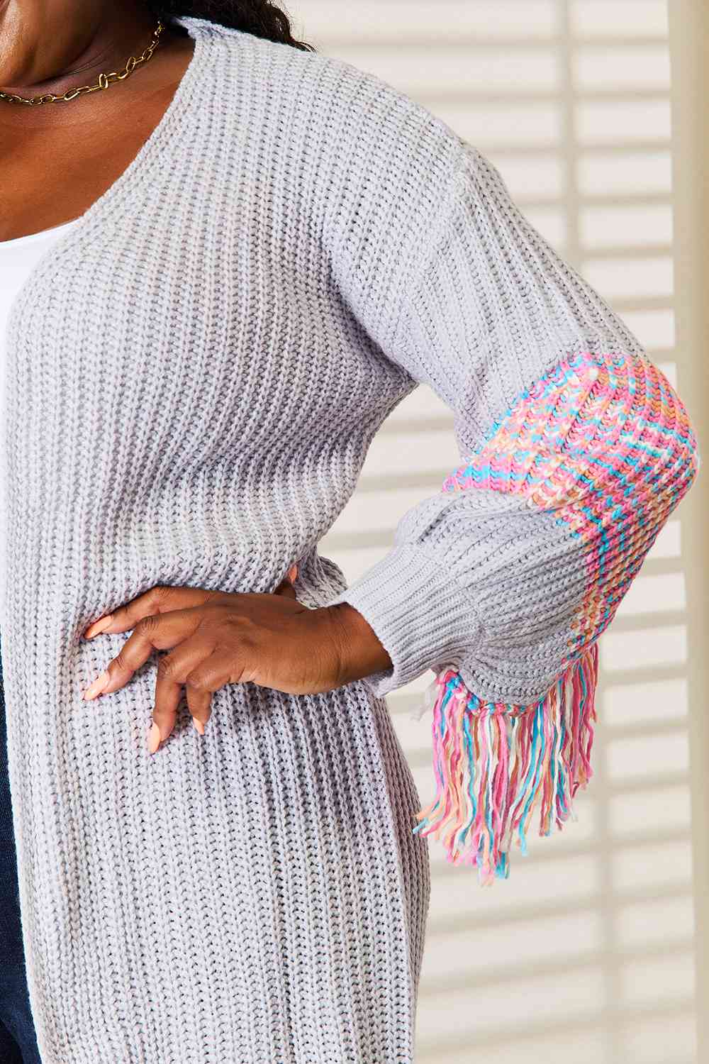Maxct &Woven Right Fringe Sleeve Dropped Shoulder Cardigan