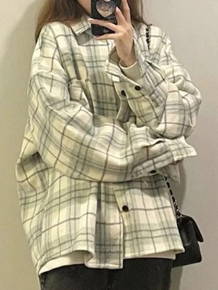 Maxct Vintage Plaid Print Brushed Long Sleeve Blouse