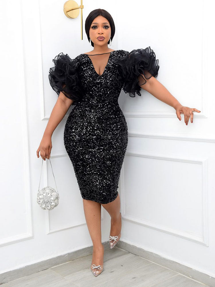 Sequin V Neck Puff Sleeve Party Dress Maxct