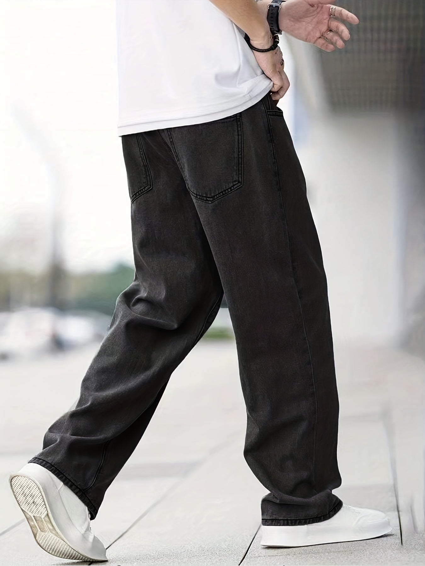 Maxct  Classic Design Wide Leg Jeans, Men's Casual Street Style Solid Color Denim Pants For Spring Summer