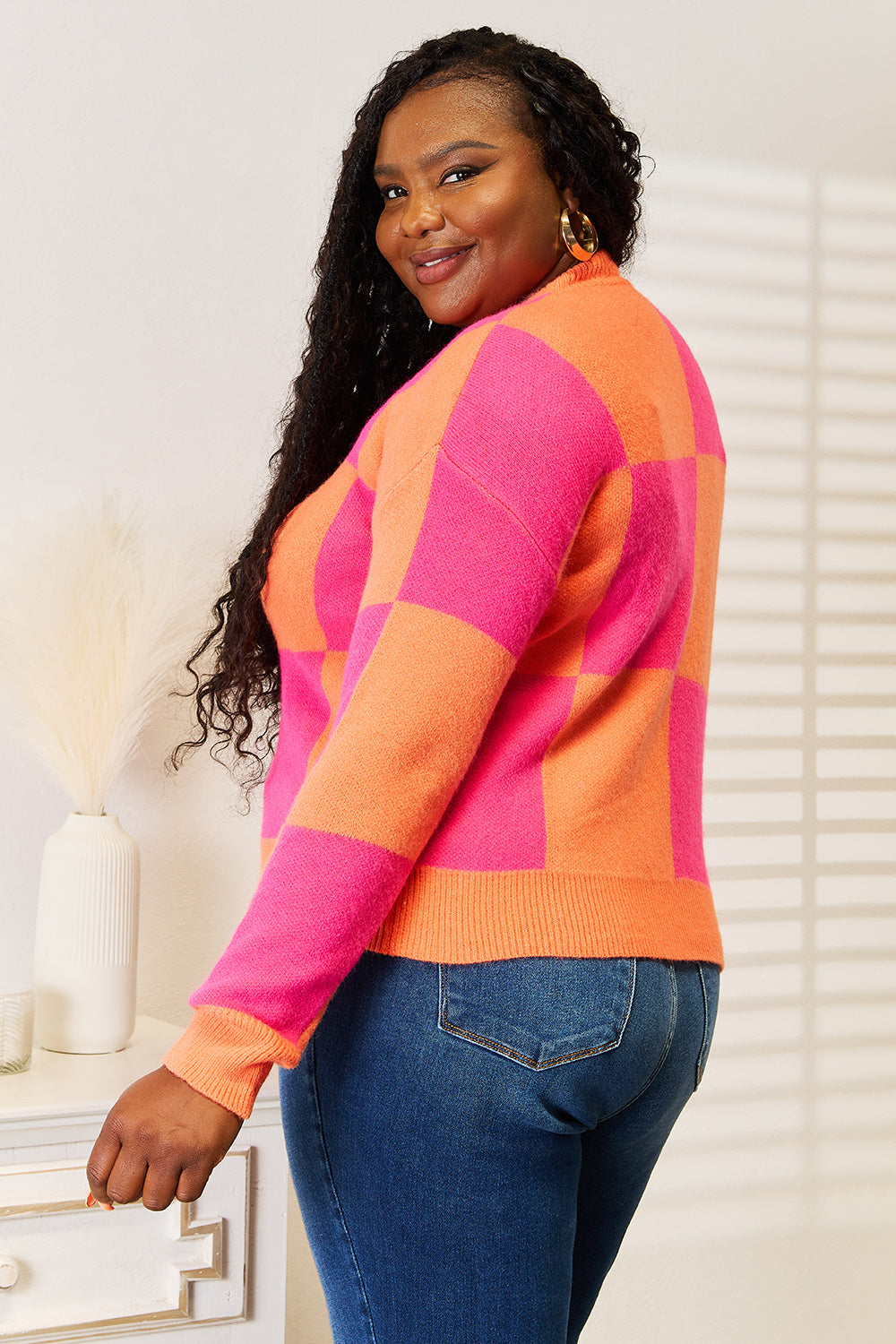 Maxct &Angel Wings Woven Right Checkered V-Neck Dropped Shoulder Cardigan