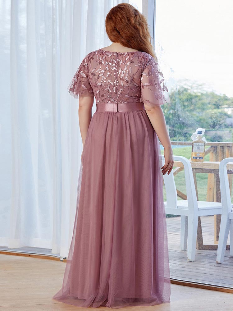 Leaf Sequin Bodice Mesh Party Dress Maxct