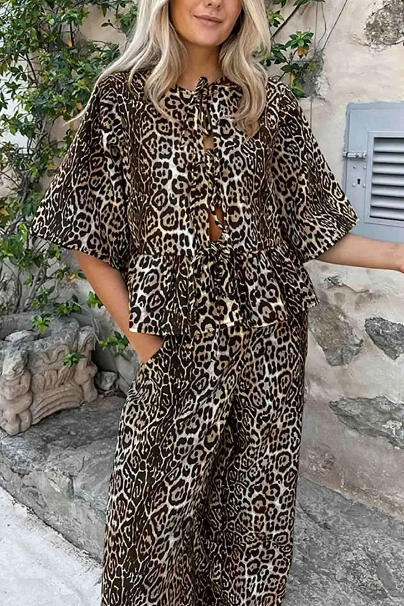 Maxct Leopard Printed Lace Up Long Pants Set
