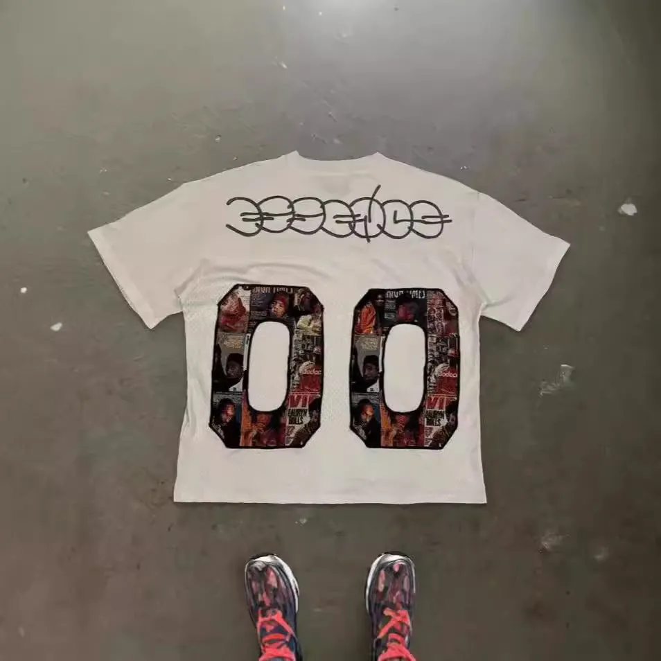Maxct 90S Streetwear Y2K Summer New American Large Digital Figure Printed Mesh Transparent Loose Top Men'S And Women'S T-Shirt