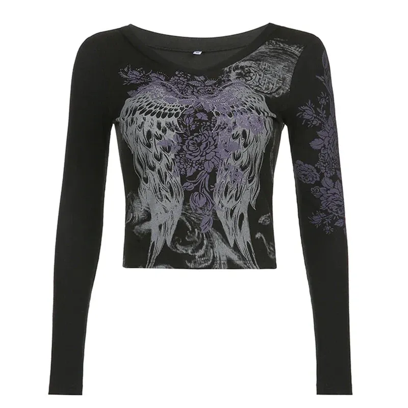Maxct Graphics Print Y2K Retro T Shirt Indie Aesthetics Mall Goth Sweats Tees Autumn Spring Long Sleeve Crop Tops 90s Vintage Grunge