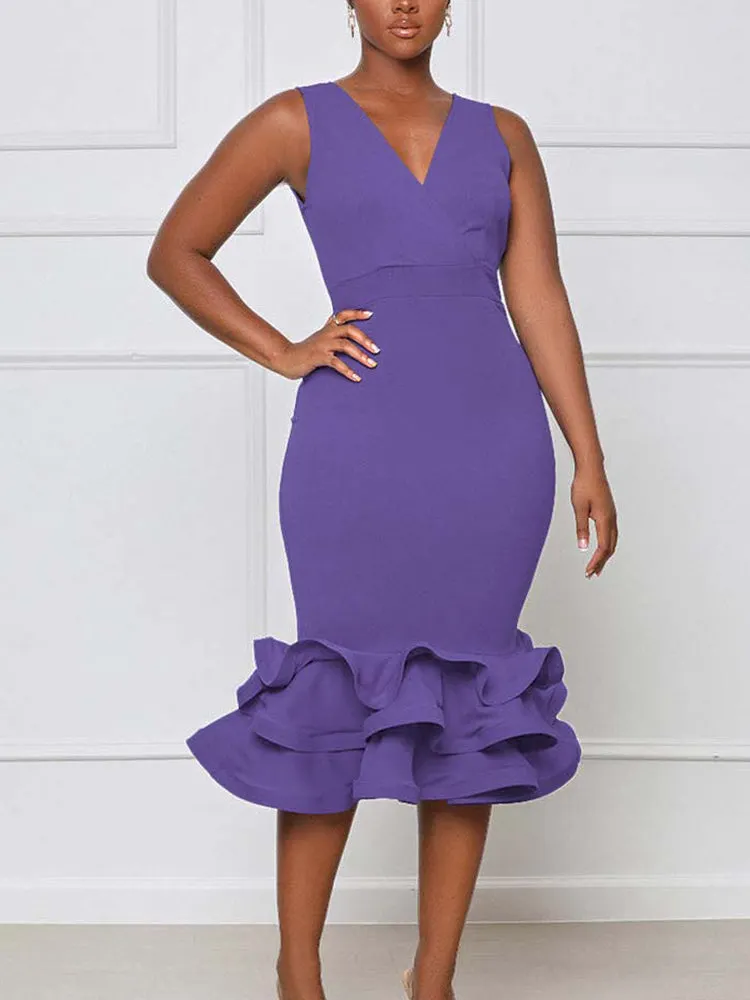 Ruffled Trim Bodycon Midi Dress Maxct