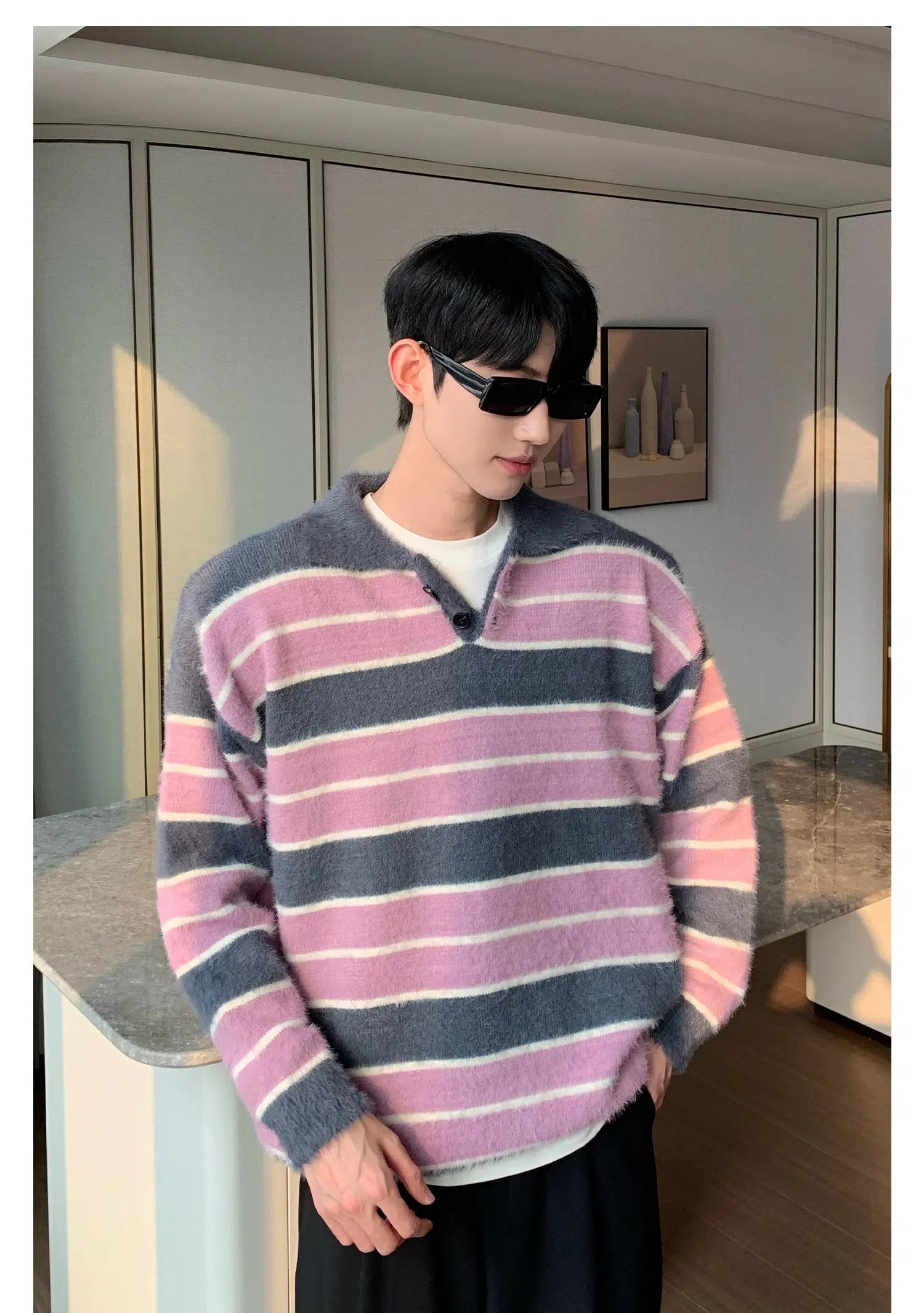Maxct Faux Mink V-neck Striped Sweater