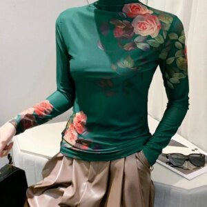 Maxct New High Neck Long Sleeve Mesh Positioning Printing T-shirt Women's Intimated Silk Light Fabric T Shirts Tops For Female